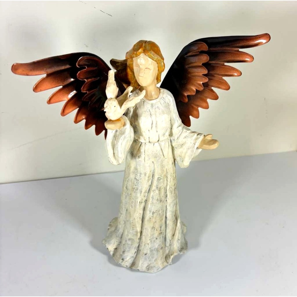 Angel‎ Sculpture Carved Wood Copper Metal Wings With Small Dove 11" Tall